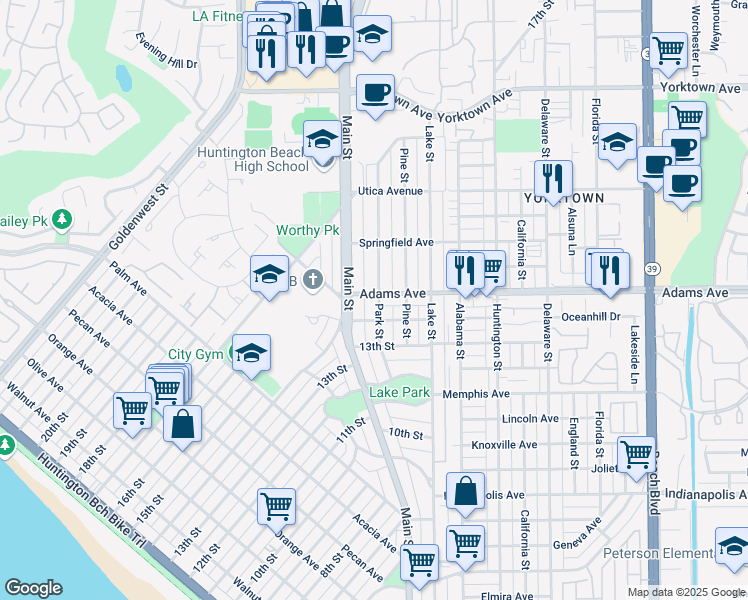 map of restaurants, bars, coffee shops, grocery stores, and more near 1221 Park Street in Huntington Beach