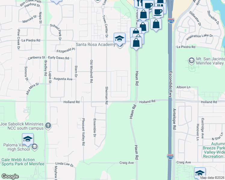 map of restaurants, bars, coffee shops, grocery stores, and more near 30914 Windy Ridge Way in Menifee