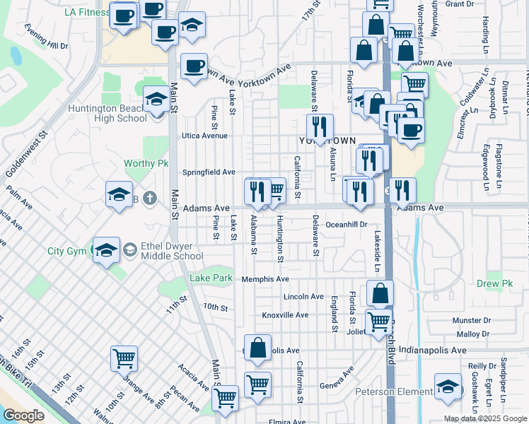 map of restaurants, bars, coffee shops, grocery stores, and more near 210 Adams Avenue in Huntington Beach
