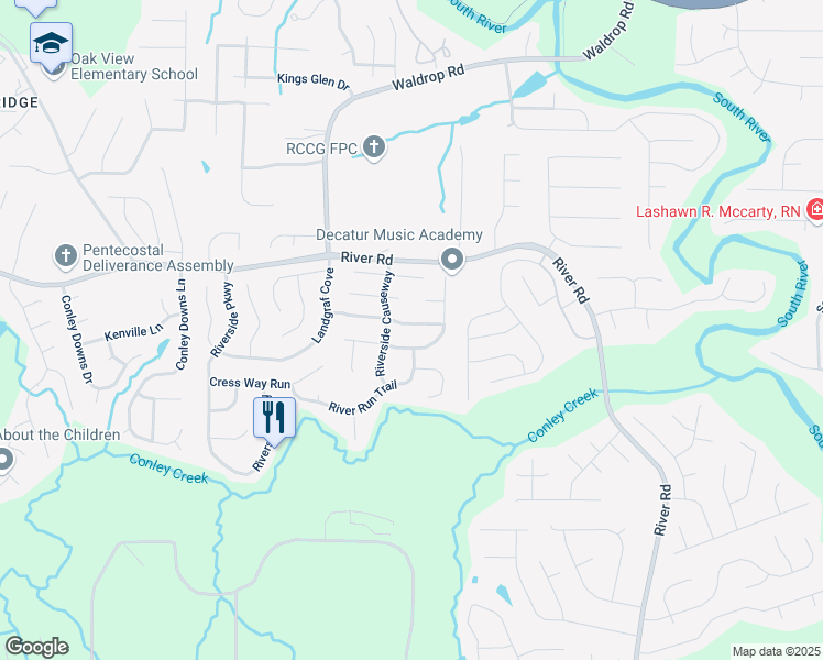 map of restaurants, bars, coffee shops, grocery stores, and more near 3287 Landgraf Close in Decatur