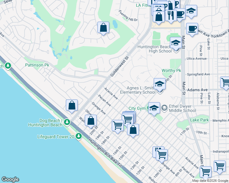 map of restaurants, bars, coffee shops, grocery stores, and more near 609 21st Street in Huntington Beach