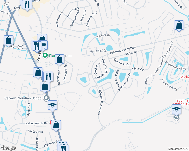 map of restaurants, bars, coffee shops, grocery stores, and more near 252 Gresham Lane in Myrtle Beach