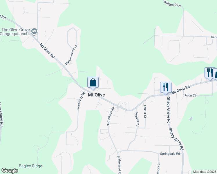 map of restaurants, bars, coffee shops, grocery stores, and more near 5601 McKinney Road in Mount Olive