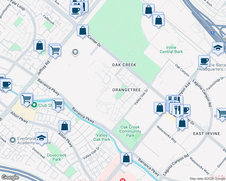 map of restaurants, bars, coffee shops, grocery stores, and more near 424 Orange Blossom in Irvine