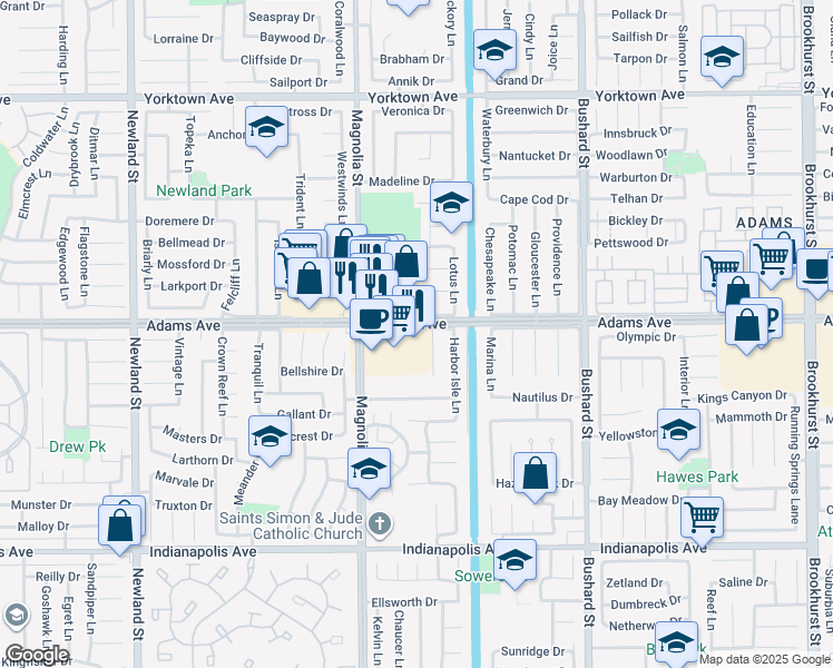 map of restaurants, bars, coffee shops, grocery stores, and more near 9122 Adams Avenue in Huntington Beach