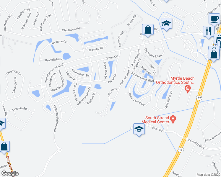 map of restaurants, bars, coffee shops, grocery stores, and more near 516 Calypso Drive in Myrtle Beach