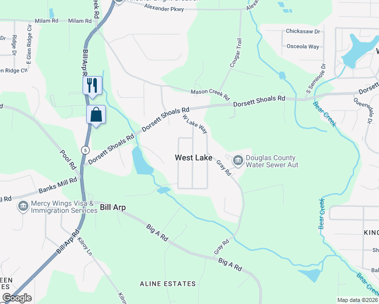 map of restaurants, bars, coffee shops, grocery stores, and more near 4912 West Ridge Drive in Douglasville