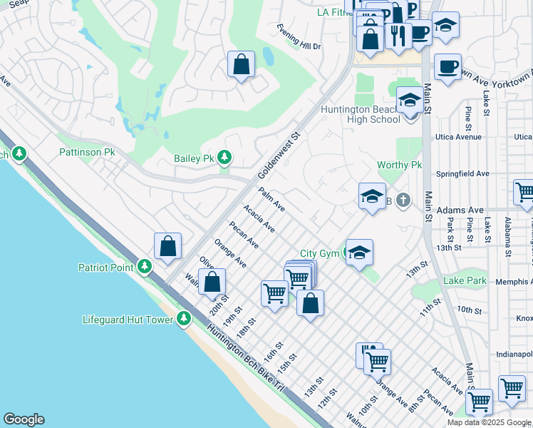 map of restaurants, bars, coffee shops, grocery stores, and more near 609 21st Street in Huntington Beach