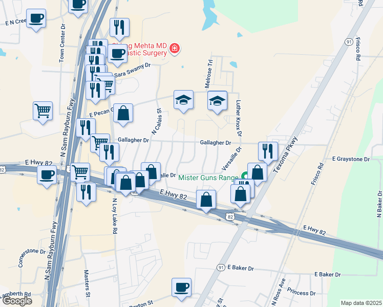 map of restaurants, bars, coffee shops, grocery stores, and more near 3210 Marseille Street in Sherman
