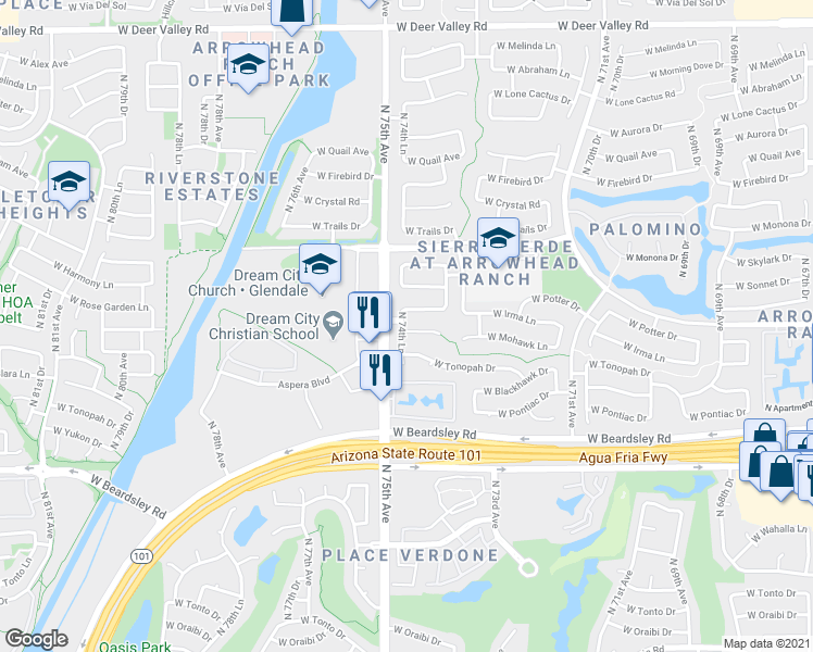map of restaurants, bars, coffee shops, grocery stores, and more near 7470 West Mohawk Lane in Glendale