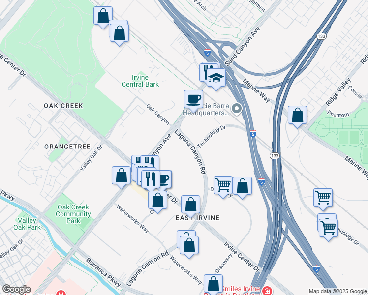 map of restaurants, bars, coffee shops, grocery stores, and more near 15271 Laguna Canyon Road in Irvine