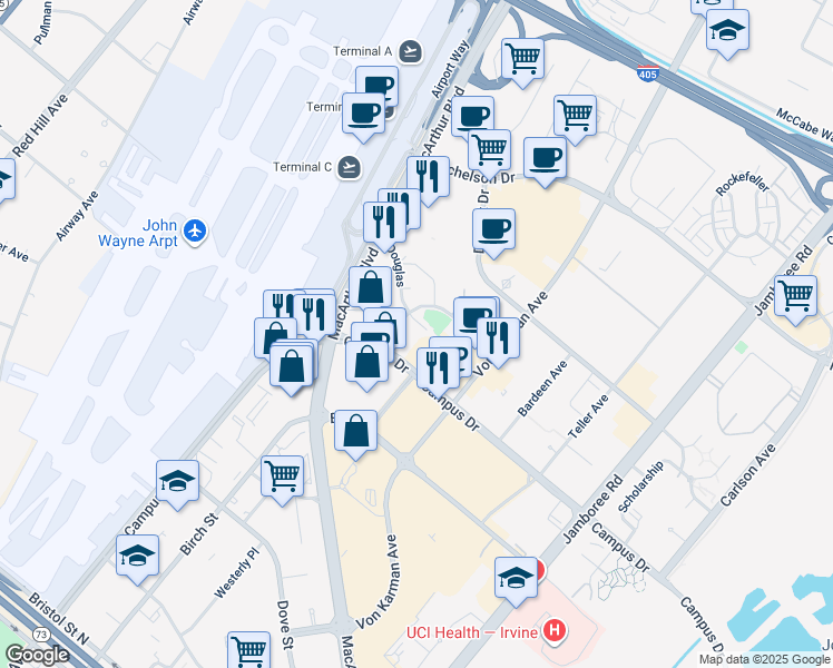 map of restaurants, bars, coffee shops, grocery stores, and more near 2192 Campus Drive in Irvine