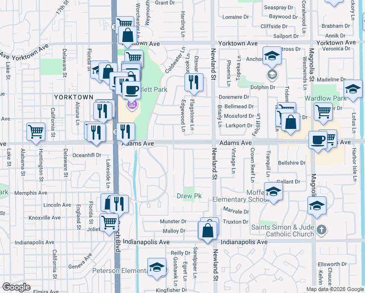 map of restaurants, bars, coffee shops, grocery stores, and more near 8331 Northport Drive in Huntington Beach