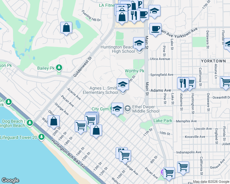 map of restaurants, bars, coffee shops, grocery stores, and more near 7285 Pierpoint Drive in Huntington Beach