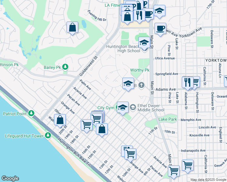 map of restaurants, bars, coffee shops, grocery stores, and more near 7285 Pierpoint Drive in Huntington Beach