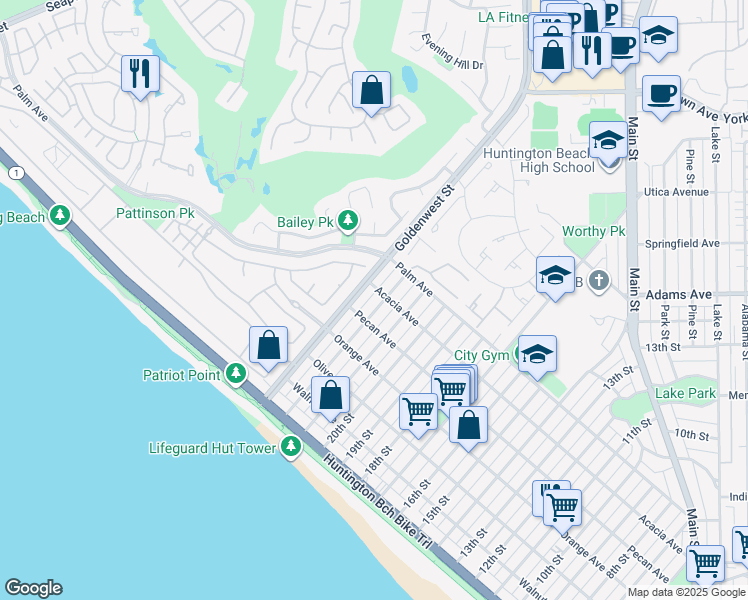 map of restaurants, bars, coffee shops, grocery stores, and more near 525 22nd Street in Huntington Beach