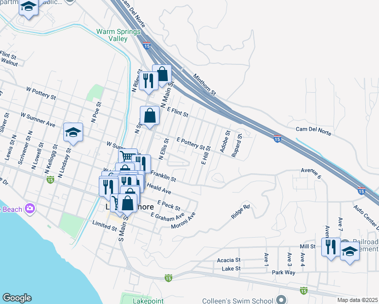 map of restaurants, bars, coffee shops, grocery stores, and more near 317 Granite Street in Lake Elsinore