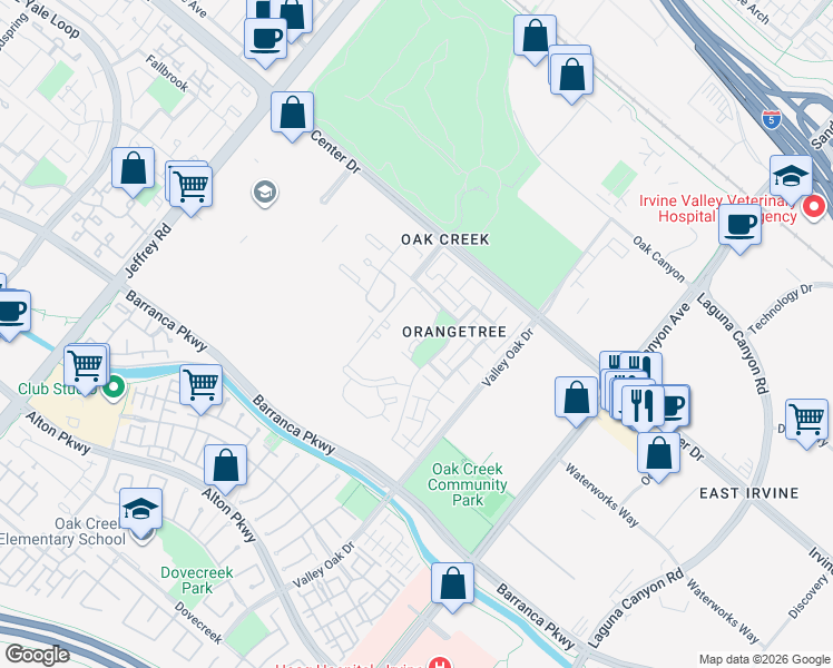 map of restaurants, bars, coffee shops, grocery stores, and more near 321 Orange Blossom in Irvine