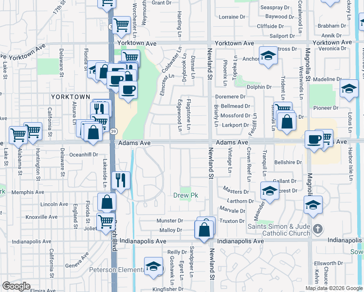 map of restaurants, bars, coffee shops, grocery stores, and more near 8331 Northport Drive in Huntington Beach