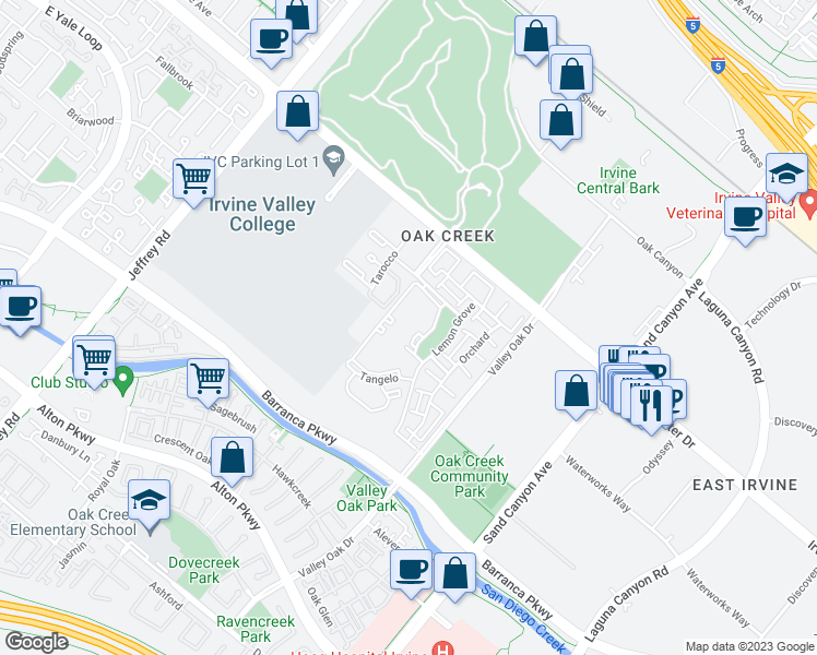 map of restaurants, bars, coffee shops, grocery stores, and more near 364 Orange Blossom in Irvine