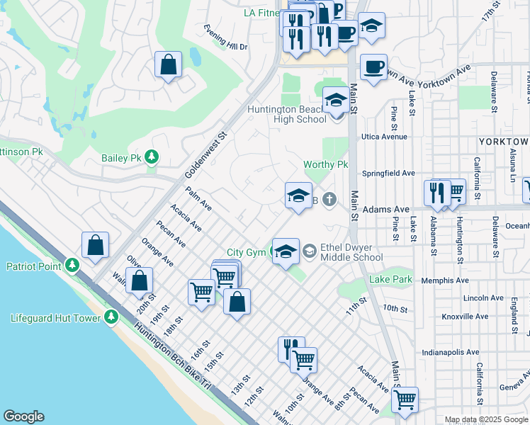 map of restaurants, bars, coffee shops, grocery stores, and more near 7285 Pierpoint Drive in Huntington Beach