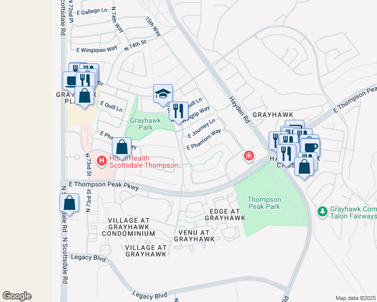 map of restaurants, bars, coffee shops, grocery stores, and more near 7691 East Phantom Way in Scottsdale