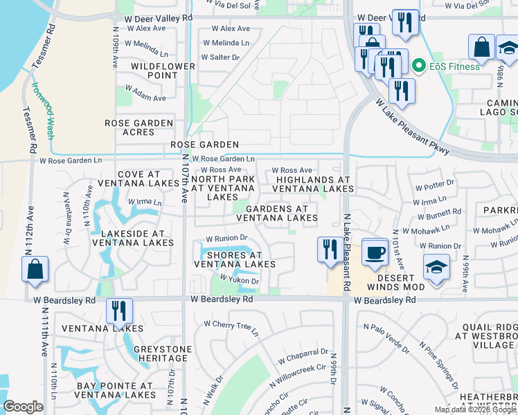 map of restaurants, bars, coffee shops, grocery stores, and more near 20634 North 104th Avenue in Peoria