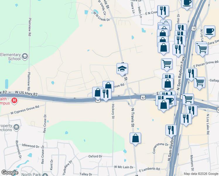 map of restaurants, bars, coffee shops, grocery stores, and more near Pecan Grove Road in Sherman