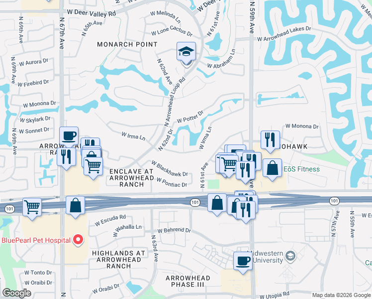 map of restaurants, bars, coffee shops, grocery stores, and more near 6168 West Irma Lane in Glendale