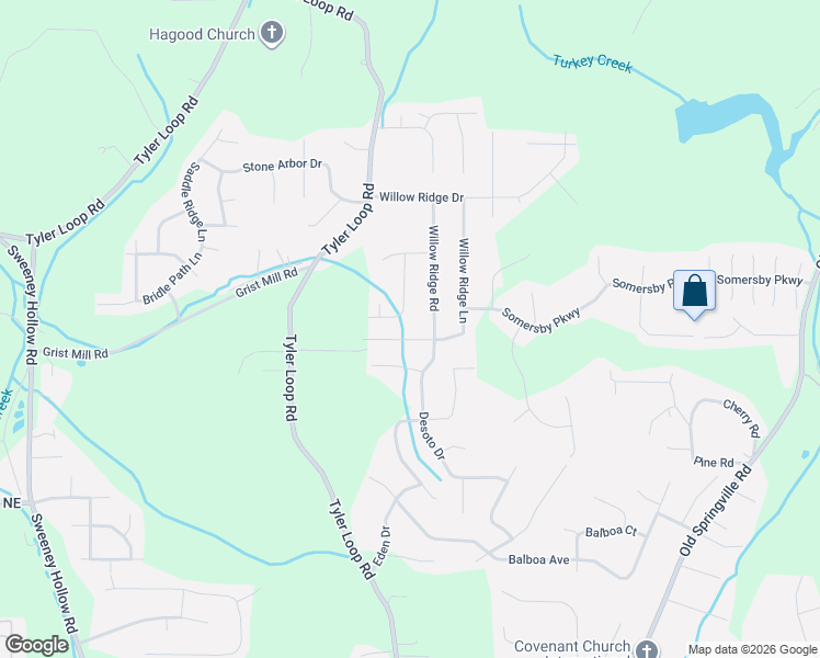 map of restaurants, bars, coffee shops, grocery stores, and more near 5180 Willow Ridge Lane in Dixiana