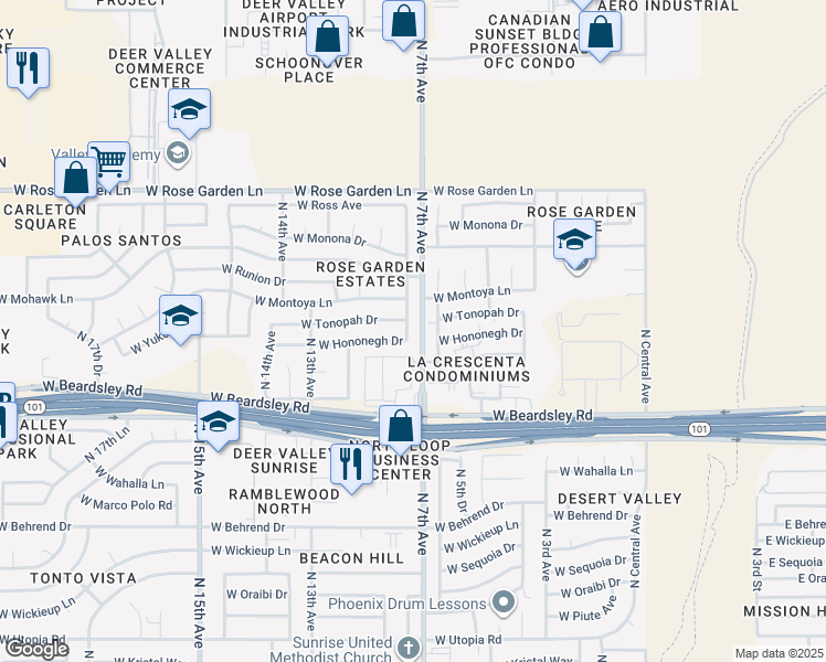 map of restaurants, bars, coffee shops, grocery stores, and more near 20413 North 8th Avenue in Phoenix