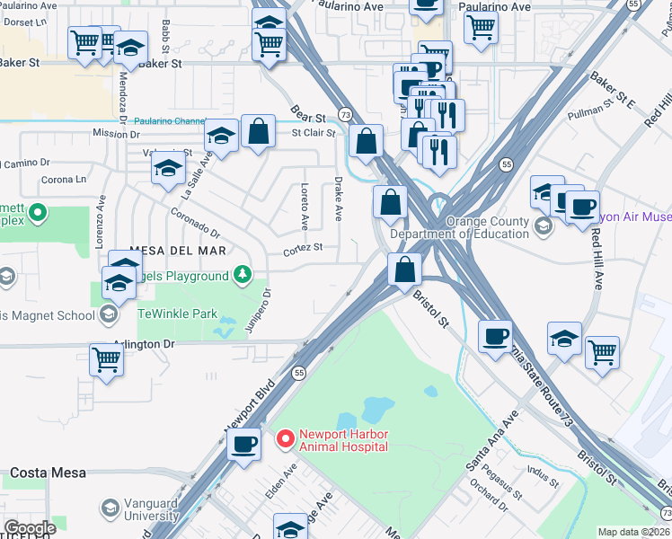 map of restaurants, bars, coffee shops, grocery stores, and more near 809 Presidio Drive in Costa Mesa