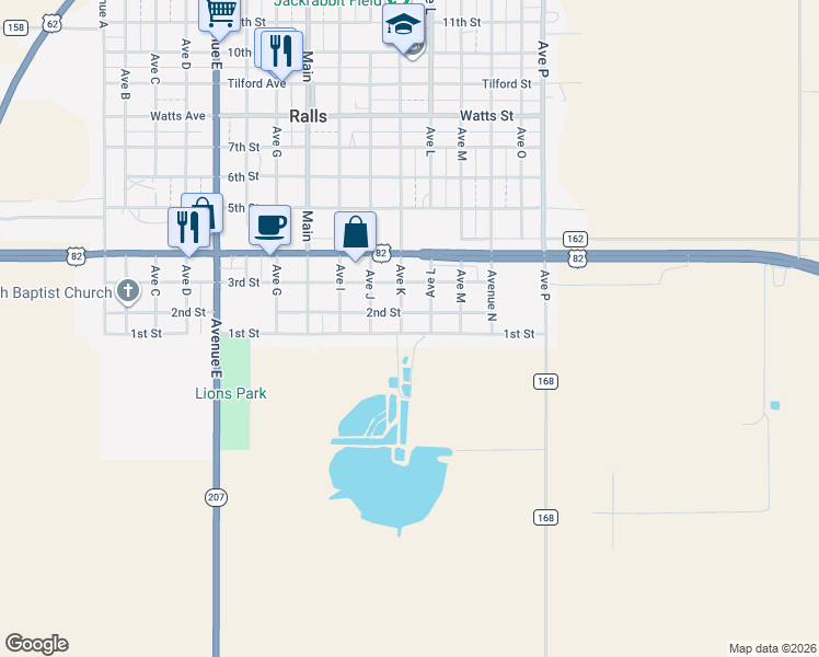 map of restaurants, bars, coffee shops, grocery stores, and more near Avenue K in Ralls