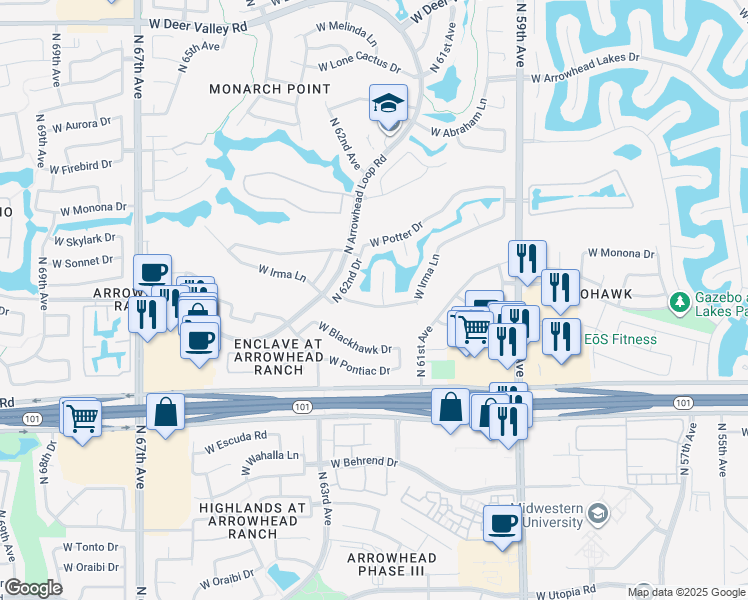 map of restaurants, bars, coffee shops, grocery stores, and more near 6214 West Irma Lane in Glendale