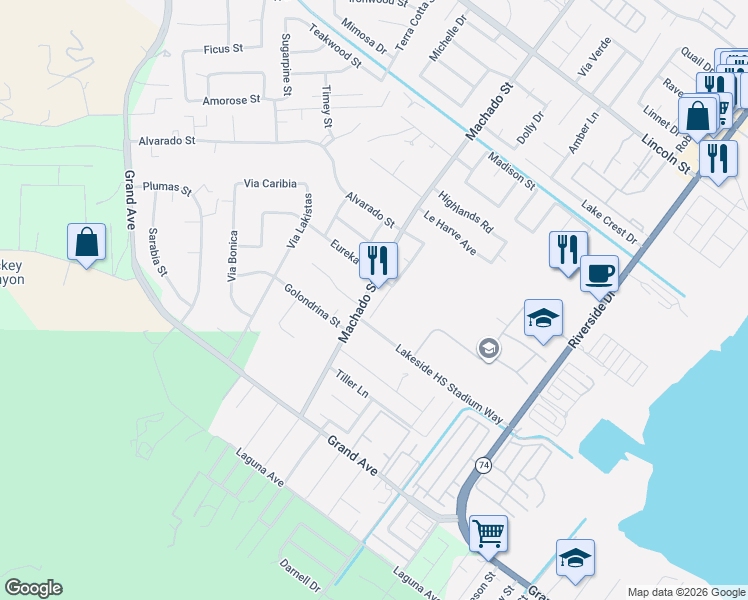 map of restaurants, bars, coffee shops, grocery stores, and more near 1035 Meadowlake Lane in Lake Elsinore