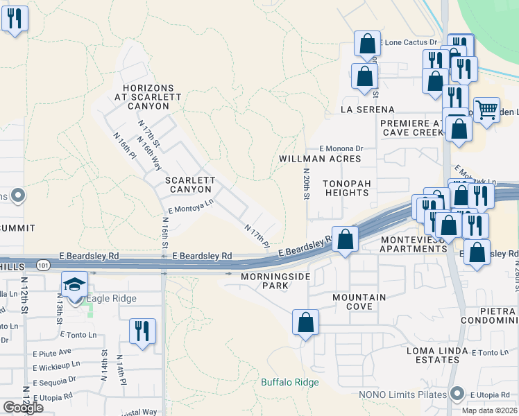 map of restaurants, bars, coffee shops, grocery stores, and more near 1732 East Blackhawk Drive in Phoenix