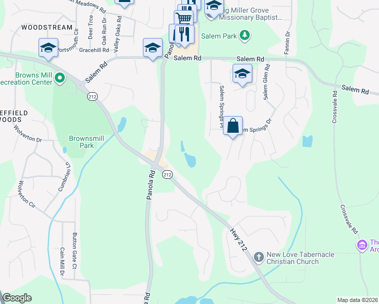 map of restaurants, bars, coffee shops, grocery stores, and more near 3852 Panola Road in Stonecrest