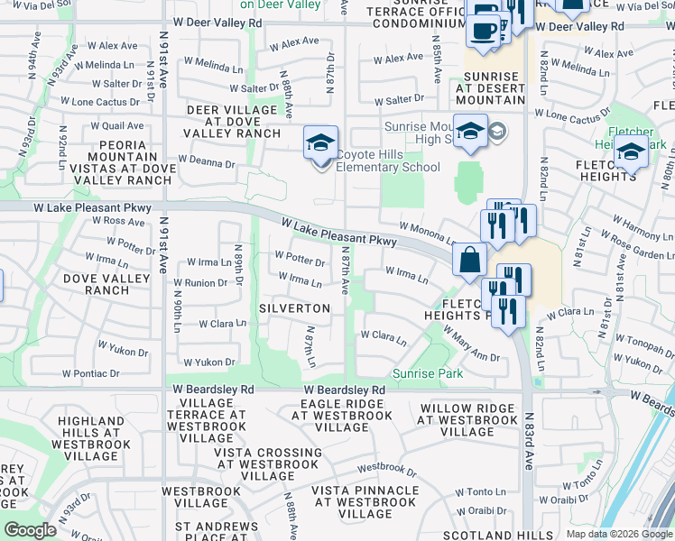 map of restaurants, bars, coffee shops, grocery stores, and more near 20757 North 87th Drive in Peoria