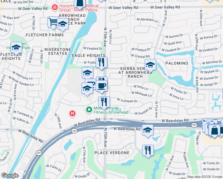 map of restaurants, bars, coffee shops, grocery stores, and more near 7470 West Mohawk Lane in Glendale