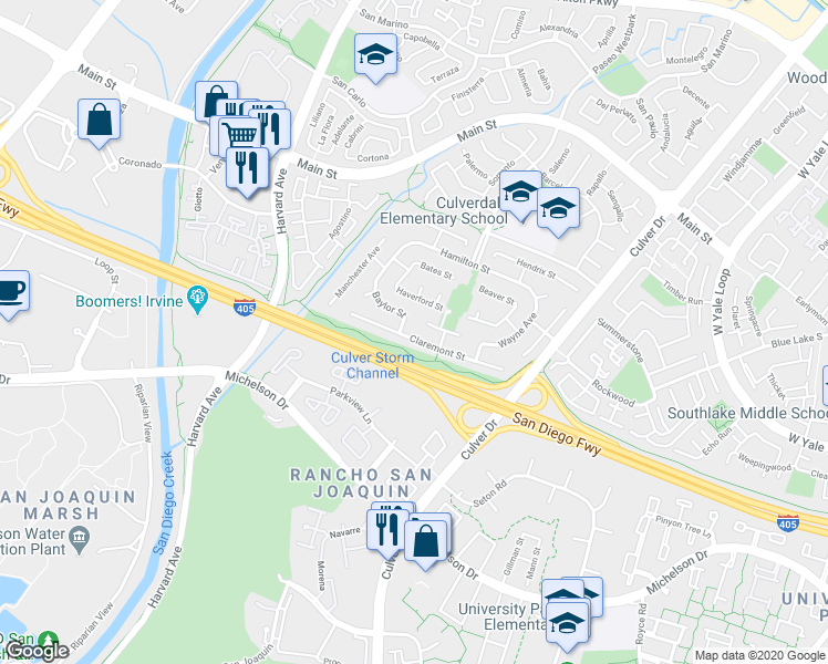 map of restaurants, bars, coffee shops, grocery stores, and more near 3741 Claremont Street in Irvine