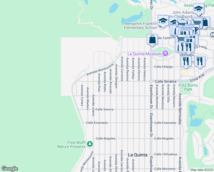 map of restaurants, bars, coffee shops, grocery stores, and more near 51820 Avenue Rubio in La Quinta