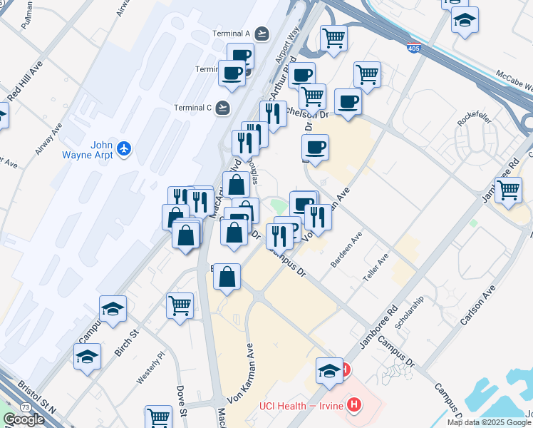 map of restaurants, bars, coffee shops, grocery stores, and more near 2192 Campus Drive in Irvine