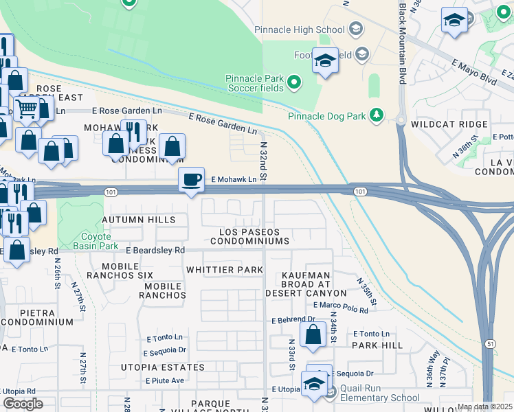 map of restaurants, bars, coffee shops, grocery stores, and more near 20417 North 31st Way in Phoenix
