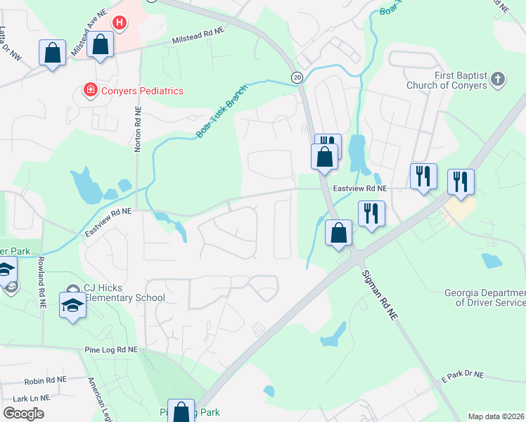 map of restaurants, bars, coffee shops, grocery stores, and more near 1480 Saint George Place in Conyers