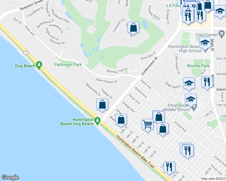 map of restaurants, bars, coffee shops, grocery stores, and more near 6612 Blue Heron Drive in Huntington Beach