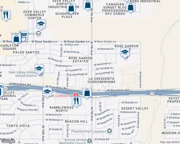 map of restaurants, bars, coffee shops, grocery stores, and more near 20413 North 8th Avenue in Phoenix