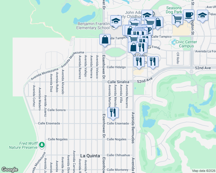 map of restaurants, bars, coffee shops, grocery stores, and more near 51802 Avenue Martinez in La Quinta