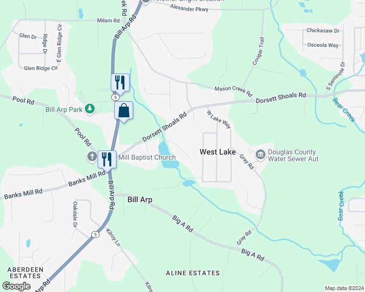 map of restaurants, bars, coffee shops, grocery stores, and more near 4960 Donny Brook Lane in Douglasville