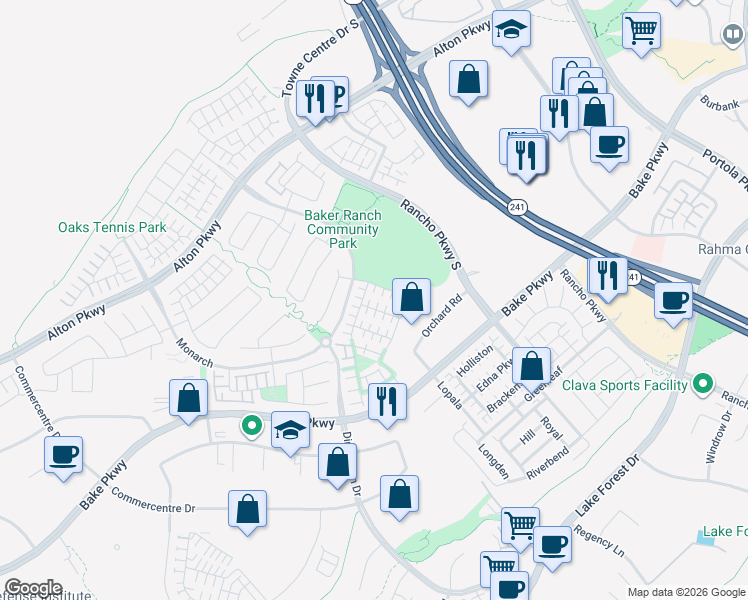 map of restaurants, bars, coffee shops, grocery stores, and more near 18 Wild Rose in Lake Forest