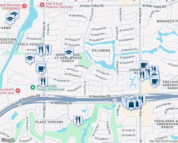 map of restaurants, bars, coffee shops, grocery stores, and more near 20702 North 70th Drive in Glendale